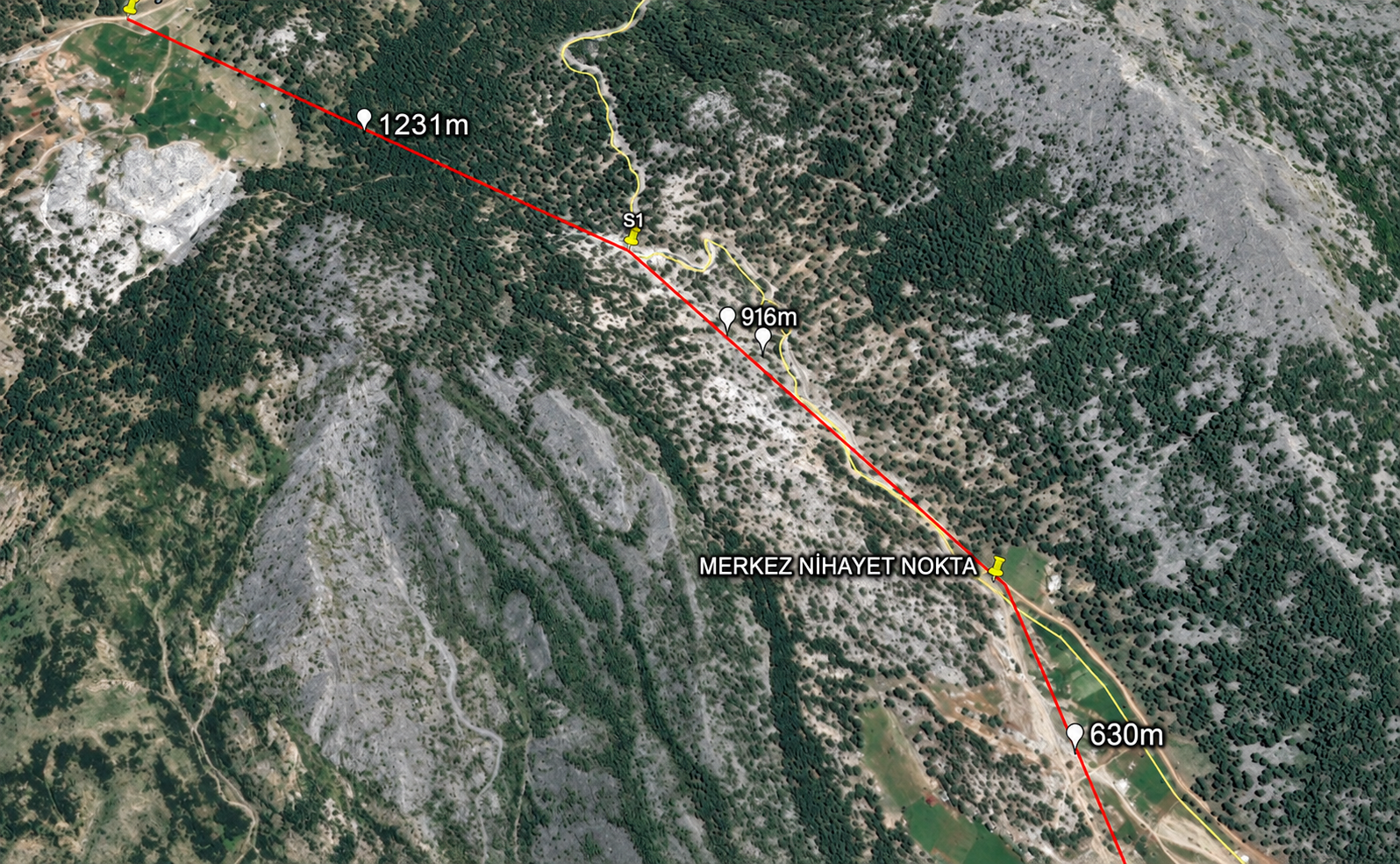 Electrical infrastructure route across mountainous terrain, with distance and endpoint annotations